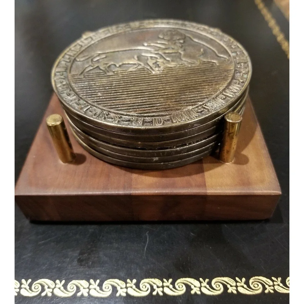 Rare Vintage1982 Blue Chip Lubbock Texas Metal Bronze Coasters Set of 6 w Holder